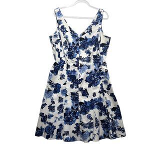 Chaps Blue Floral Fit Flare Dress Size 16 Cotton Stretch Sleeveless Pleated